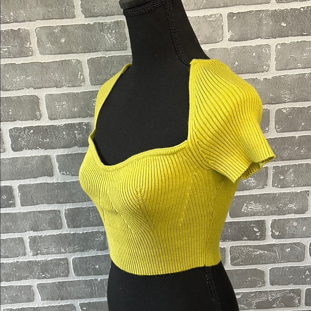 Isalis Ribbed Crop Top Sweater Small Lime Green Sweetheart Neckline Y2K - Picture 8 of 14